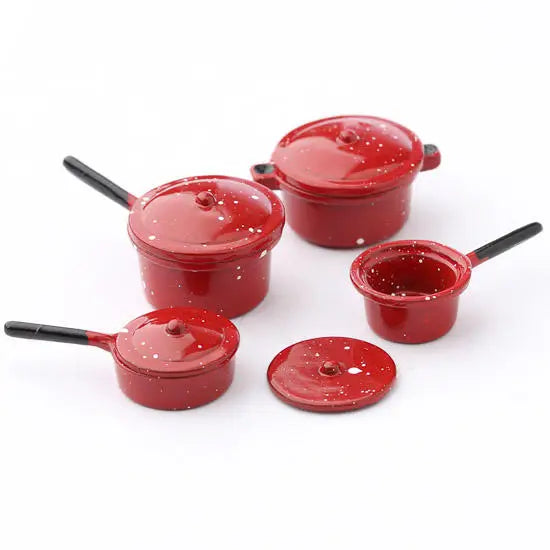 Dollhouse Miniatures:  Red Enamelware Pots and Pan Set