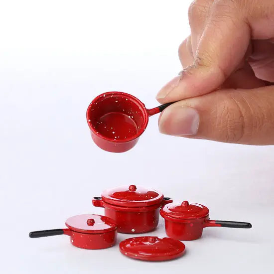 Dollhouse Miniatures:  Red Enamelware Pots and Pan Set