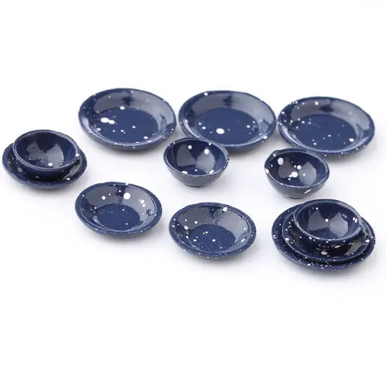 Dollhouse Miniatures: Blue Enamelware Plate Set