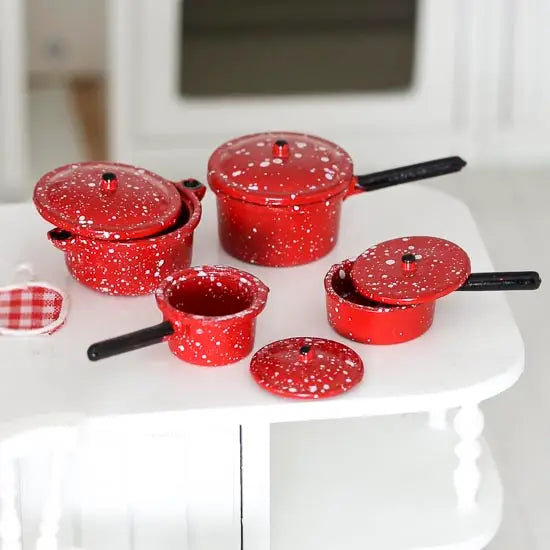 Dollhouse Miniatures:  Red Enamelware Pots and Pan Set