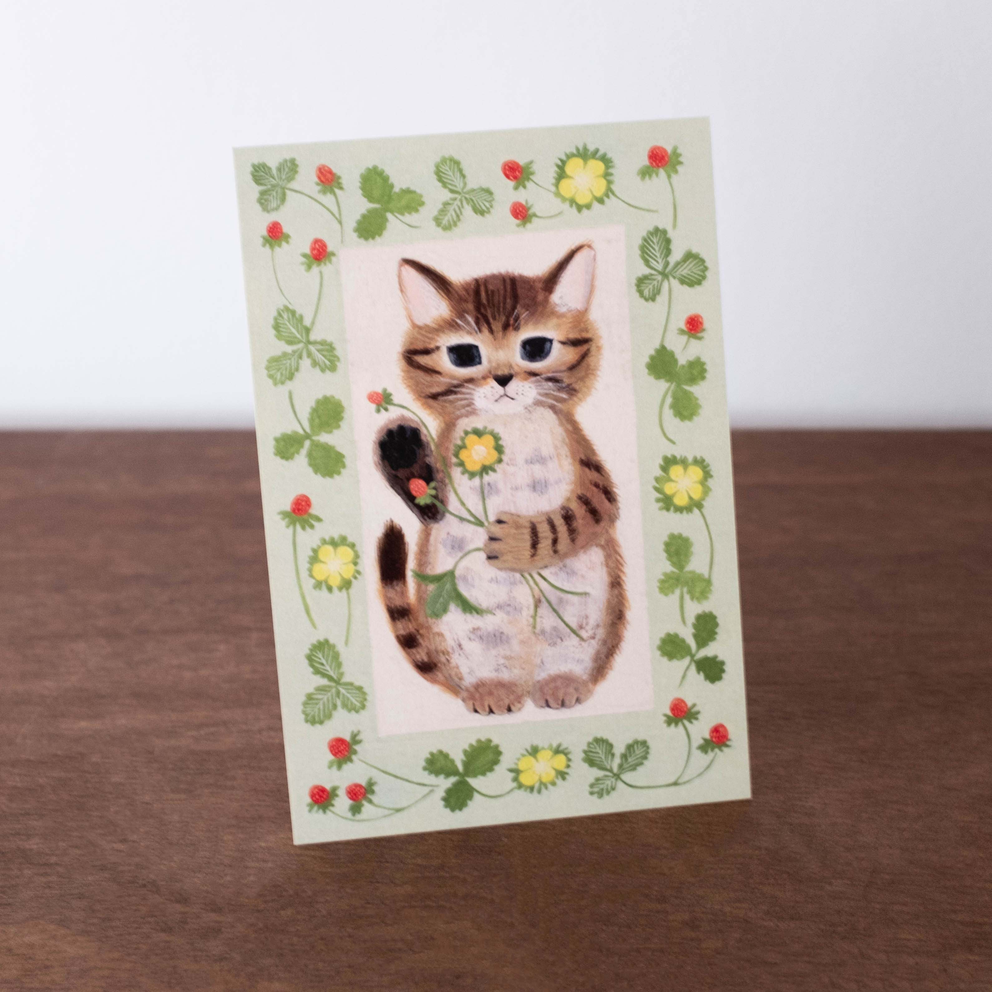NEW Japanese Watercolor Illustration Postcard- Clover Kitty