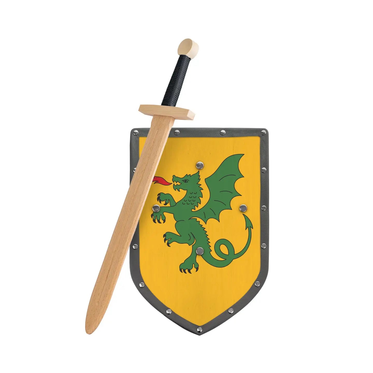 Wooden Heirloom Green Dragon Sword and Shield Set