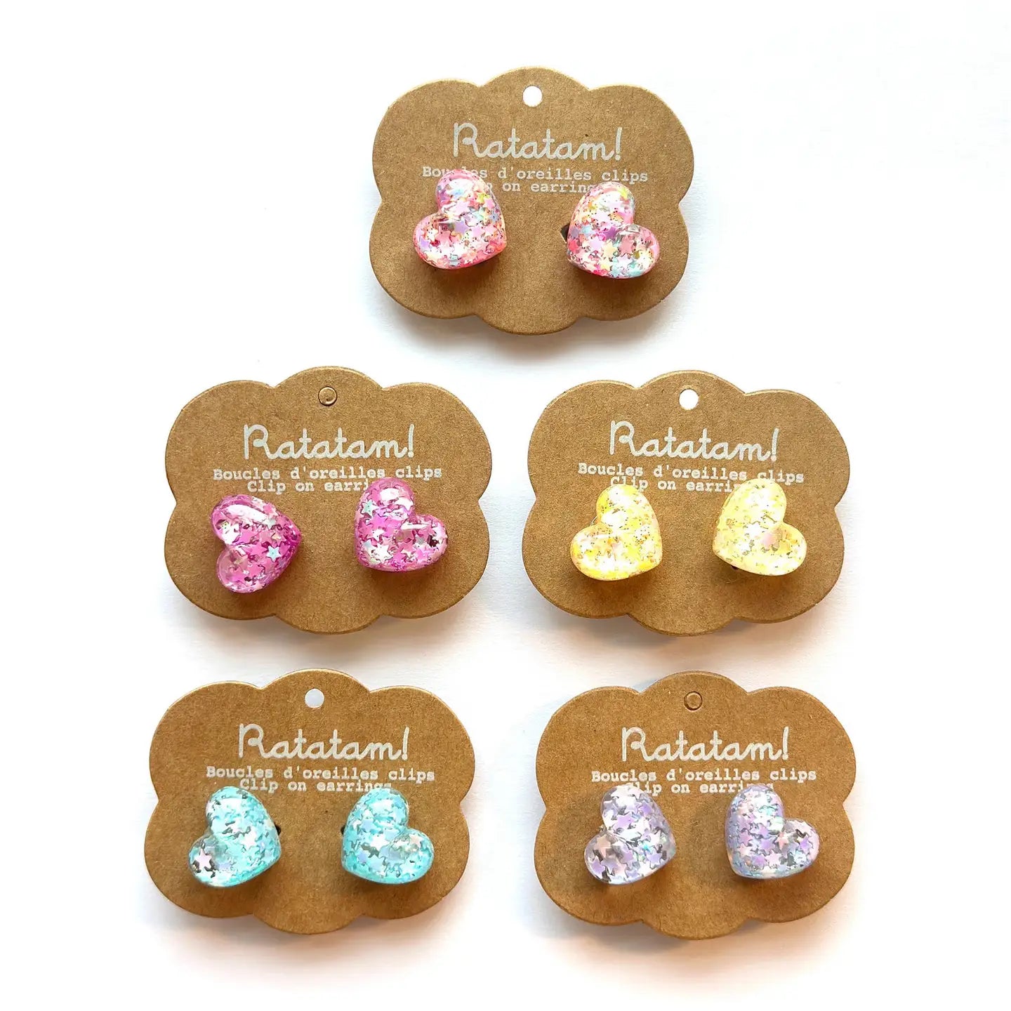 Heart Glitter Clip on Earrings- Assorted Colors