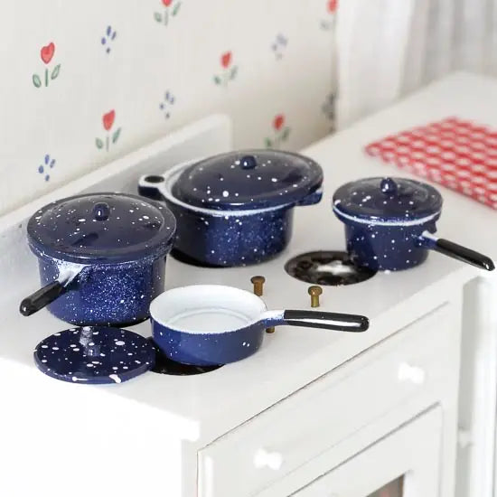 Dollhouse Miniatures: Blue Enamel Pots and Pans Set