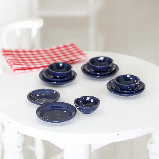 Dollhouse Miniatures: Blue Enamelware Plate Set