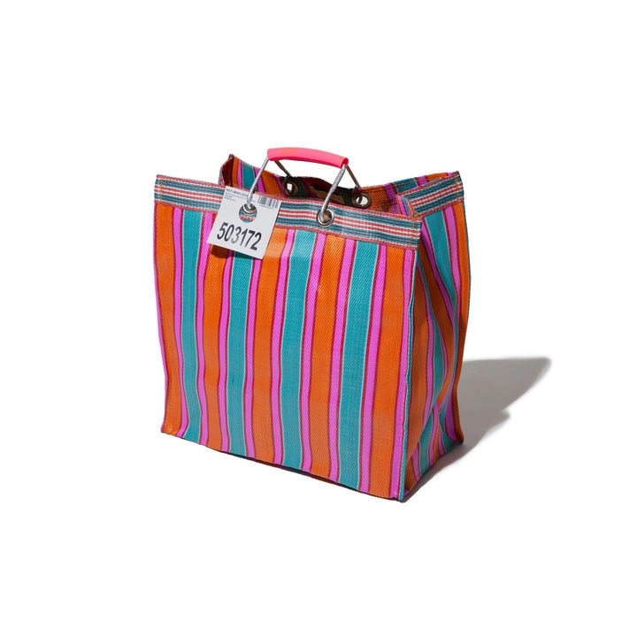 Retro Recycled Stripe Market Bag- Square (Orange and Pink)
