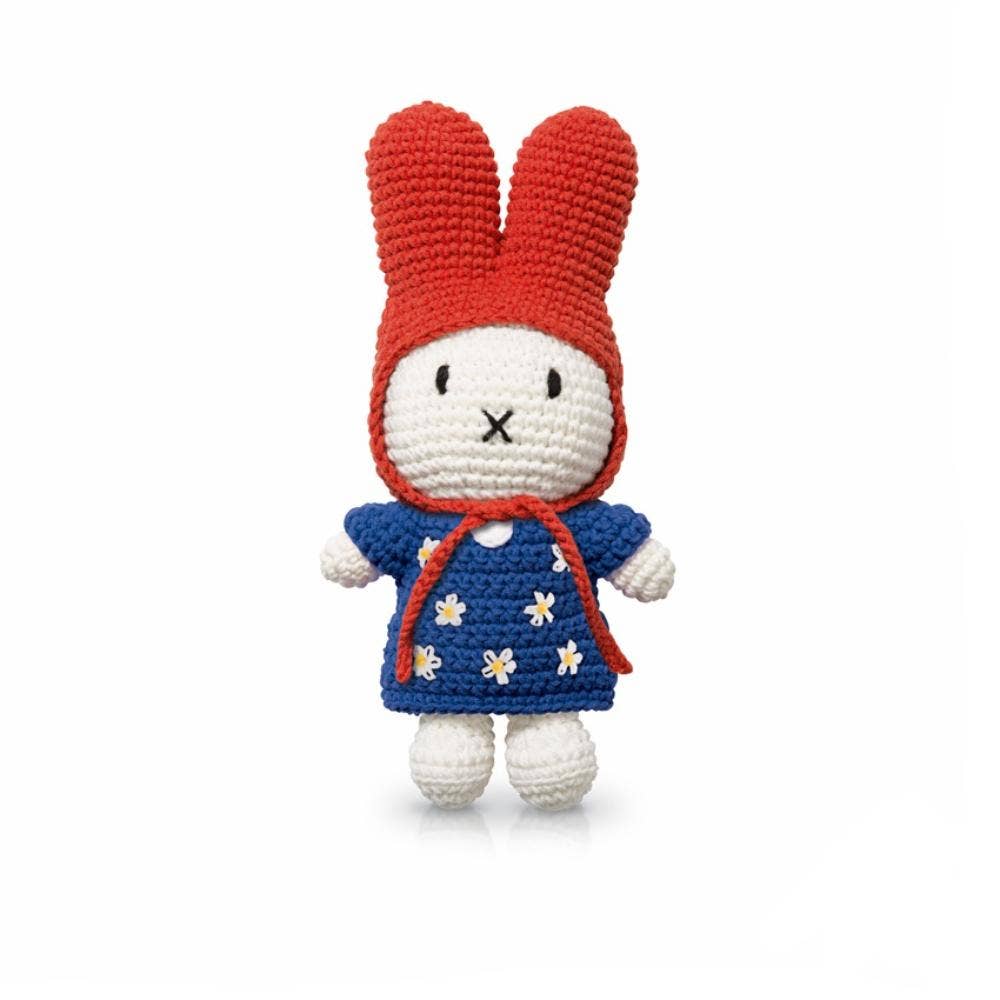 NEW Miffy Handmade Crochet Doll- Red Hat with Blue Floral Dress