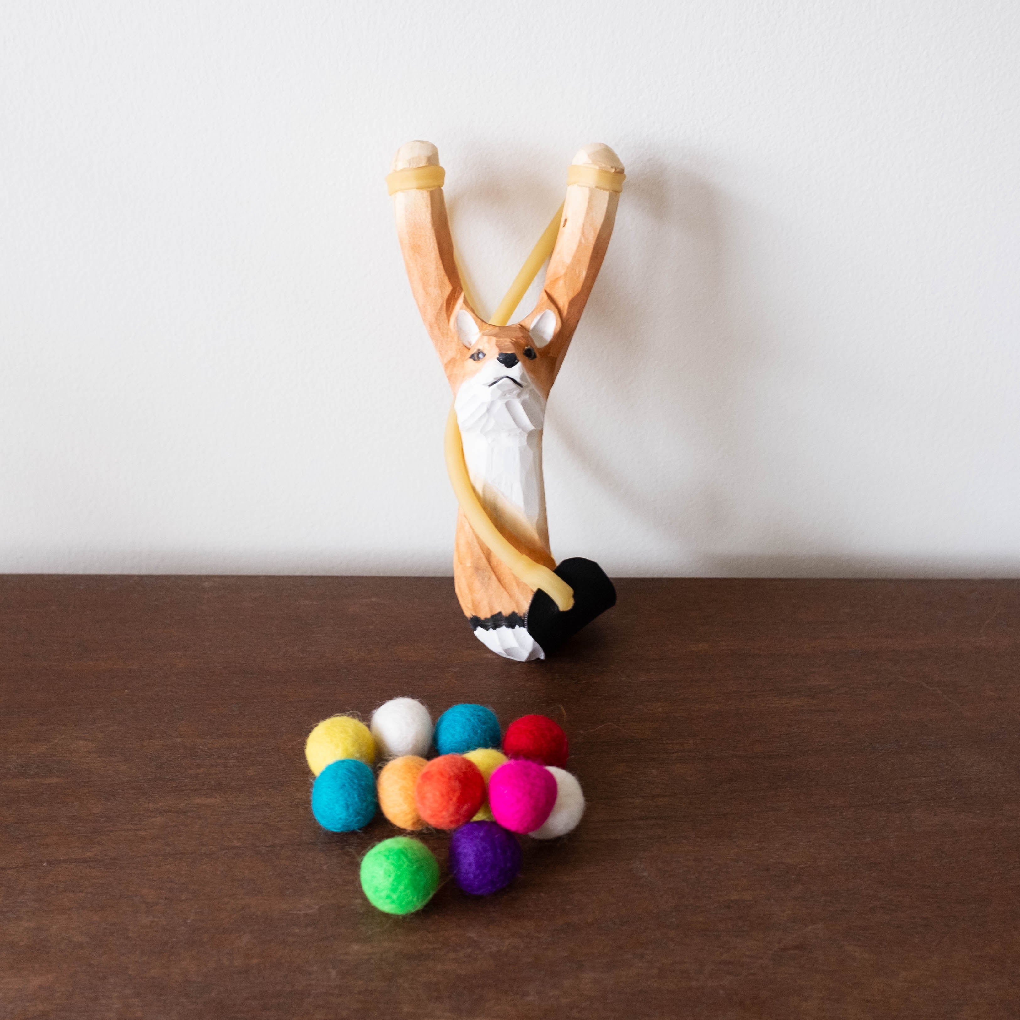 Wooden Slingshot Set- Fox with Felt Balls